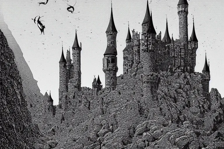 Prompt: draculas castle upon a thin spire by dan hillier by moebius