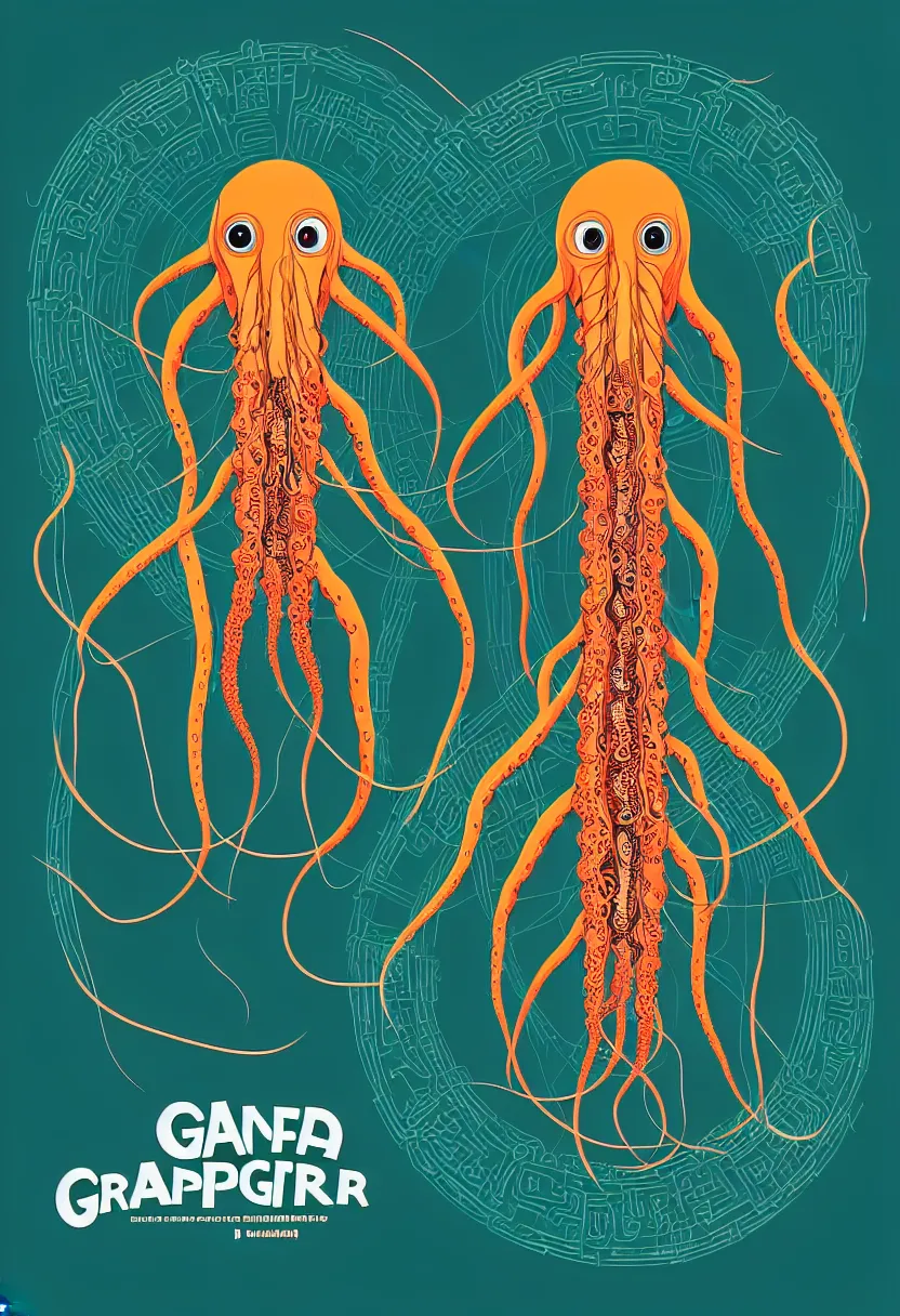 Prompt: concert poster for'grandpa finger ', dying robotic squid, symmetrical vector art, 8 k, highly detailed illustration