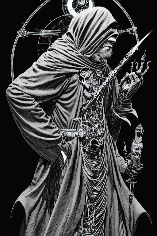 Image similar to side view of a cloaked ancient alchemist steampunk wizard casting a spell, high details, lineart, by vincent di fate and joe fenton,, inking, screen print, masterpiece, trending on artstation, sharp, high contrast, hyper - detailed, hd, 4 k, 8 k