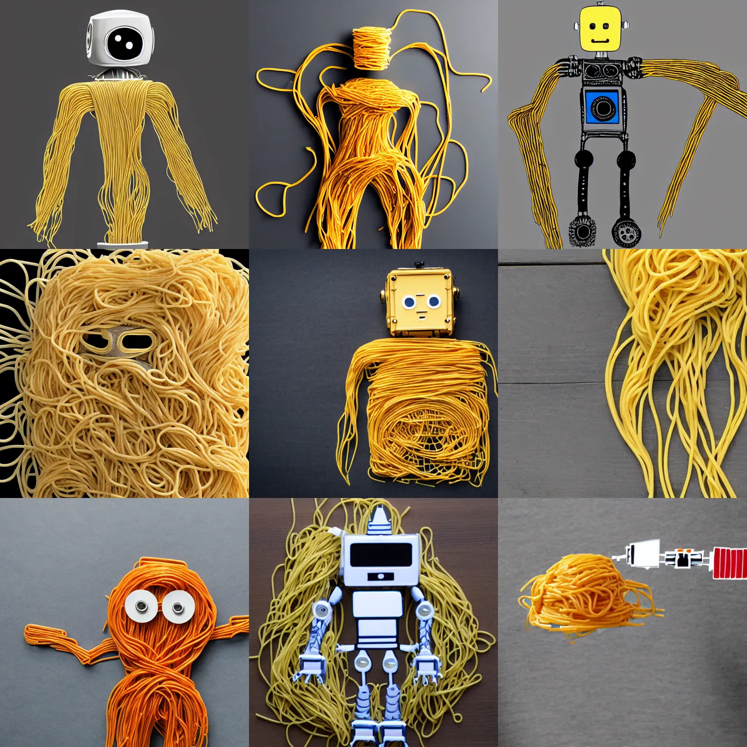 Prompt: robot made of spaghetti