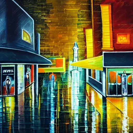 Image similar to city streetscape, dark road with cars, people at night, tall buildings with shops below at street level, neon lights above shops, headlights and stop lights illuminating surroudings, raining, very dark lighting, abstract oil painting