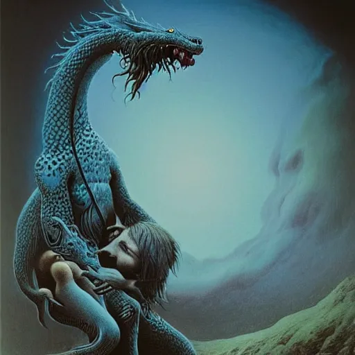 Prompt: a Zdzisław Beksiński painting of an anthropomorphic blue dragon hugging an anthropomorphic Bernese Mountain Dog