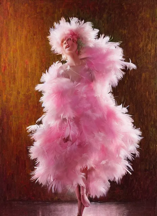 Image similar to beautiful little girl with an pink eccentric haircut wearing an dress made of feathers dancing on stage, artwork made by ilya kuvshinov, inspired in donato giancola, hd, ultra realistic, reflection, flowers, light