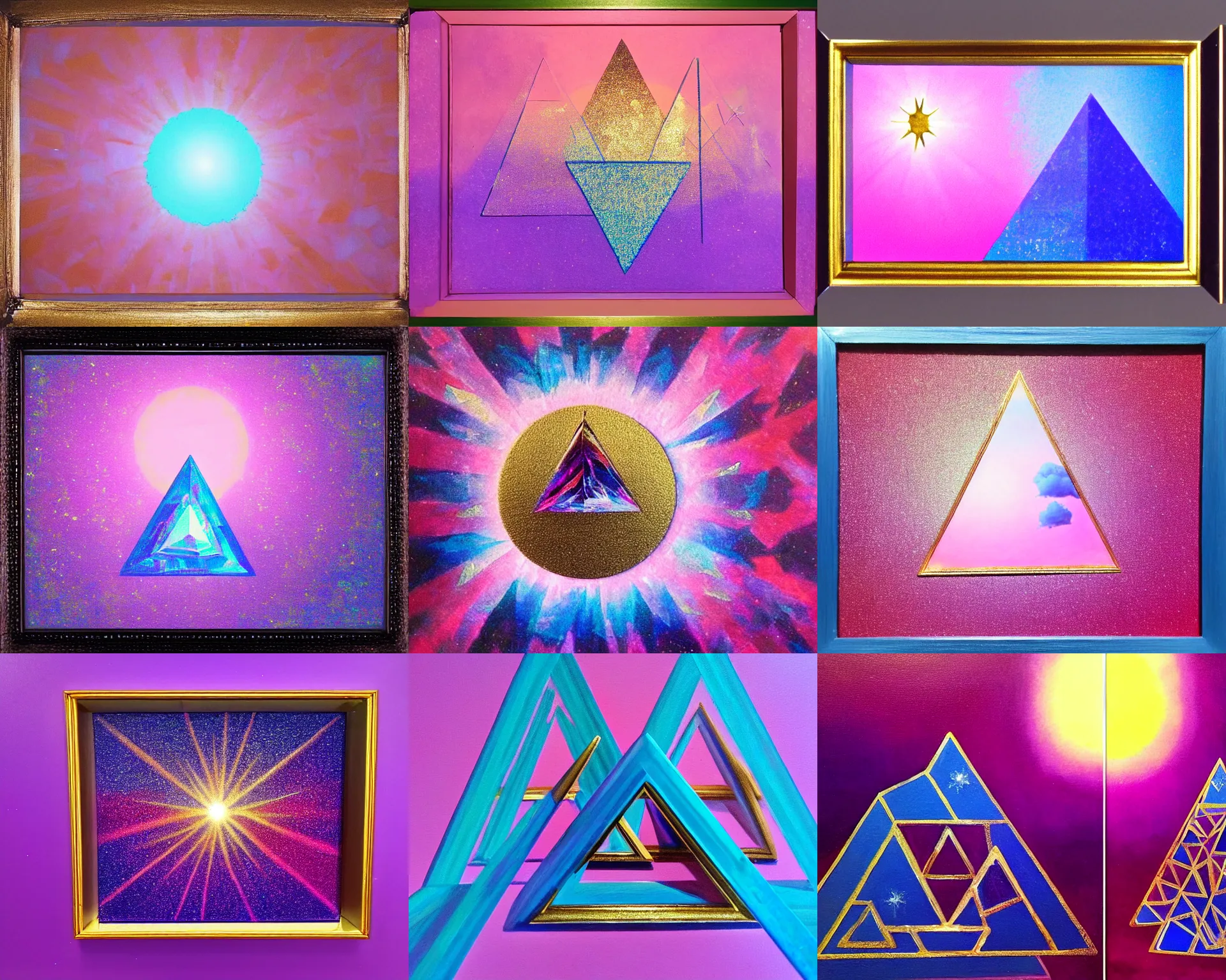 Prompt: painting of a blue crystal sky, crystal triangle glitter, 🫖 fourth dimension impossibly shaped painting, gold framed painting 🔮, backrooms level found footage reality emulation, pink sun