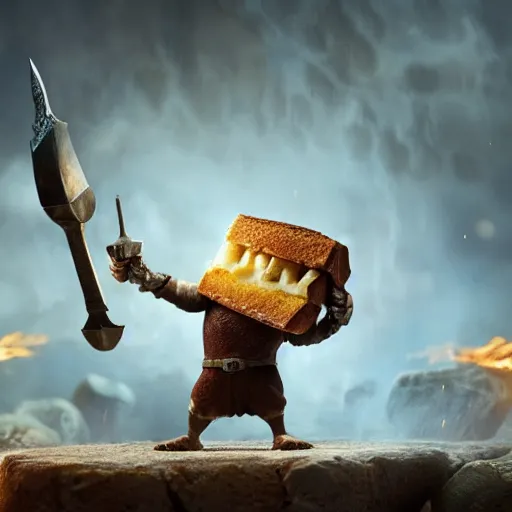 Image similar to medieval battle toast, a slice of toasted bread with a face, arms and legs, holding a sword, cute, pixar, volumetric lighting, dynamic composition, fantasy, hyper detailed, ultra realistic, sharp focus, octane render, concept art by ruan jia and heng z and artem