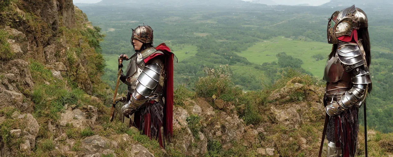 Prompt: https://www.tribality.com/wp-content/uploads/2016/01/ranger-scout.jpg photo of one beautiful medieval-female-scout in plate-armor with green crystals who is over-watching the countryside from a cliff, elegant, highly detailed, smooth, sharp focus, illustration, beautiful, geometric, trending on artstation, unreal engine, octane render, cinematic, artwork by WLOP