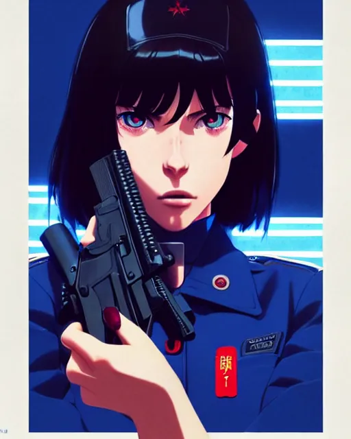 Image similar to girl wearing uniform, holding gun | | audrey plaza, fine detail!! anime!! realistic shaded lighting!! dramatic!! poster by ilya kuvshinov katsuhiro otomo ghost - in - the - shell, magali villeneuve, artgerm, jeremy lipkin and michael garmash and rob rey