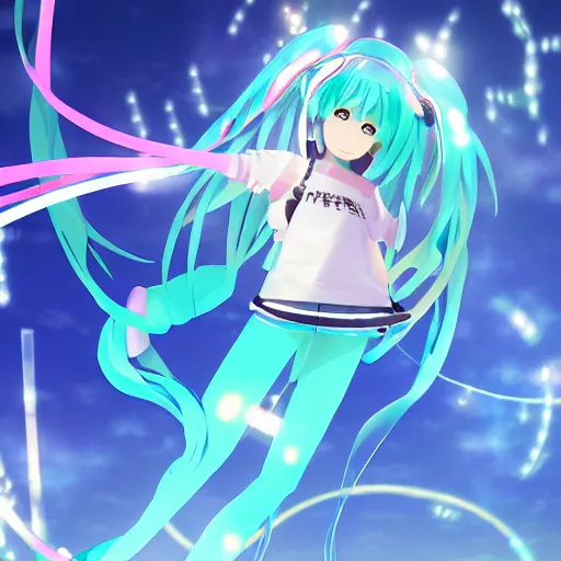 Prompt: high quality art of a hatsune miku is flying with her back to the camera above the night tokyo at bird's - eye height, glowing particles and ribbons follow her arms, glowing advertising banners on buildings depicting hatsune miku are visible in the distance, art by makoto shinkai, crunchyroll, pixiv, danbooru, hd