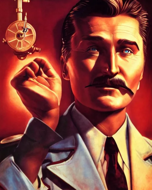 Image similar to Errol Flynn as a scientist. 1980s dystopian Soviet Russia, propaganda screens. Unreal engine, fantasy art by Satine Zillah. Faithfully depicted facial expression, perfect anatomy global illumination, radiant light, detailed and intricate environment