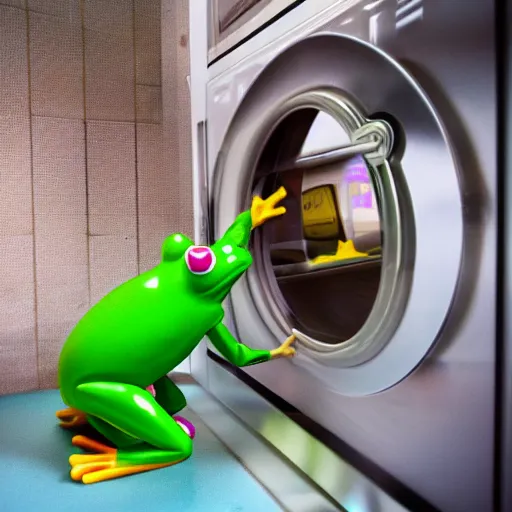 Prompt: plastic toy frog in a bunny suit cleaning up the laundromat, pastel colors