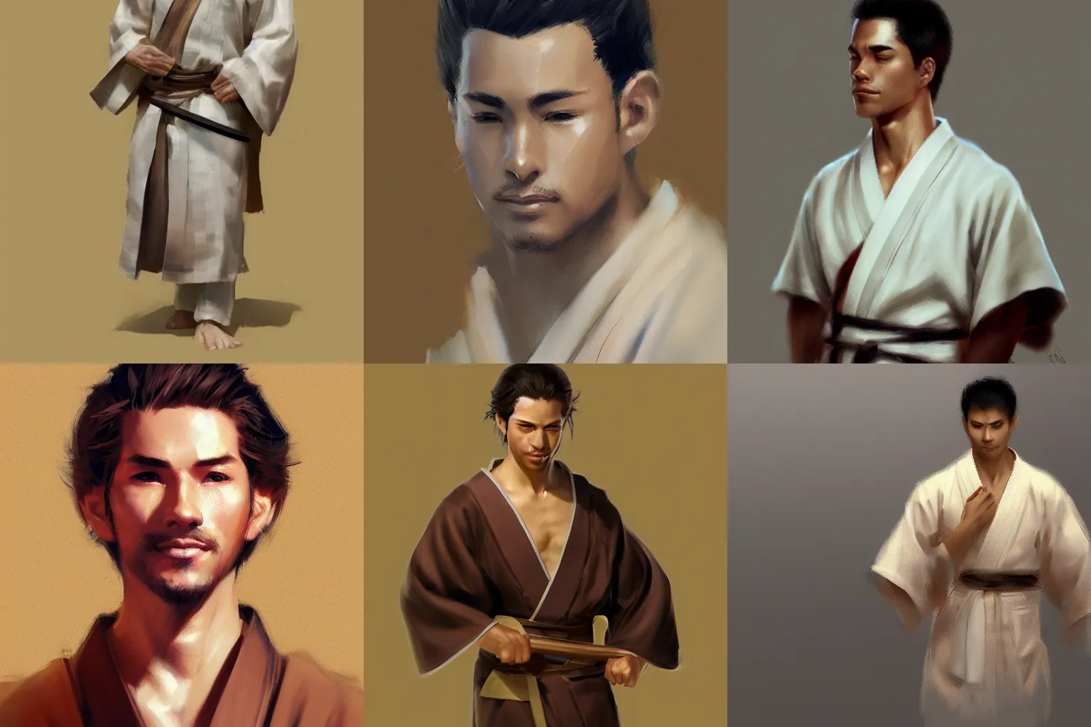 Prompt: young man of average build. Light skin and medium wavy brown hair swept over his ears. Some light stubble on his face. He wears a white yukata and carries a katana. Craig Mullins. Portrait. featured on artstation