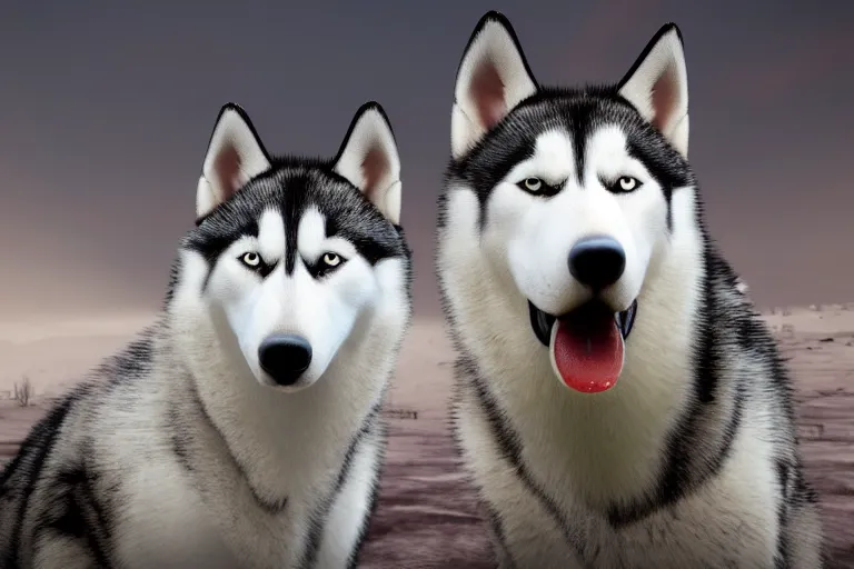 Prompt: a scenic photograph of a redeyed and very scary! husky with red!!! eyes, drooling, looking away from the camera. distinct red eyes clearly visible. the whole husky is visible in frame. anatomically correct husky. polar setting, red eyes, wasteland background, ominous sky. octane render, extreme detail, super symmetrical photograph, 8 k