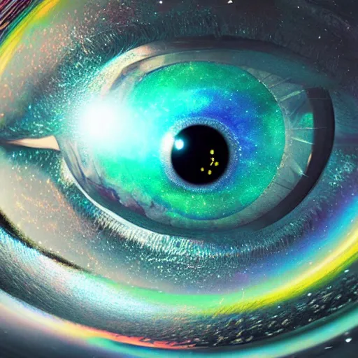 Prompt: iridescent eye reflecting the cosmos, hyperrealistic, octane render, 4k
