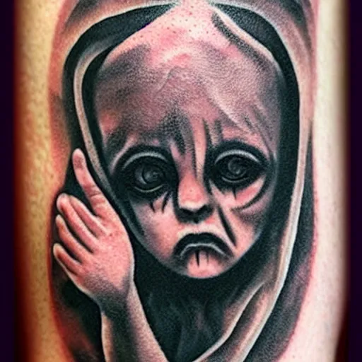 Image similar to tattoo of a creepy child, dark, scary, horror, high detail