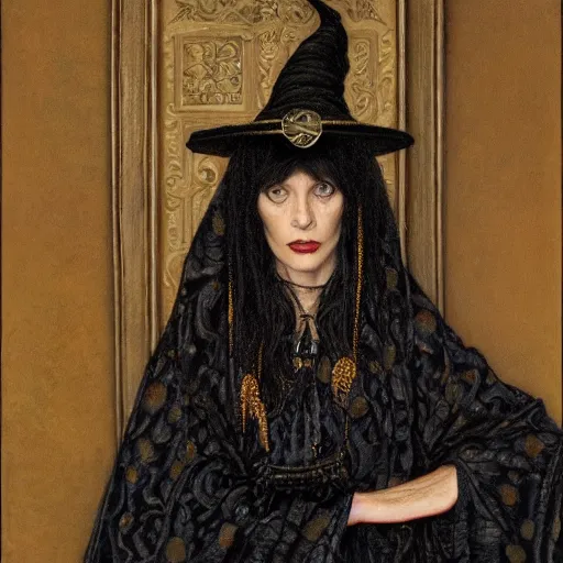 Prompt: portrait of a witch, dressed in black clothes embroidered with gold, by donato giancola, gerald brom, and berthold woltze.