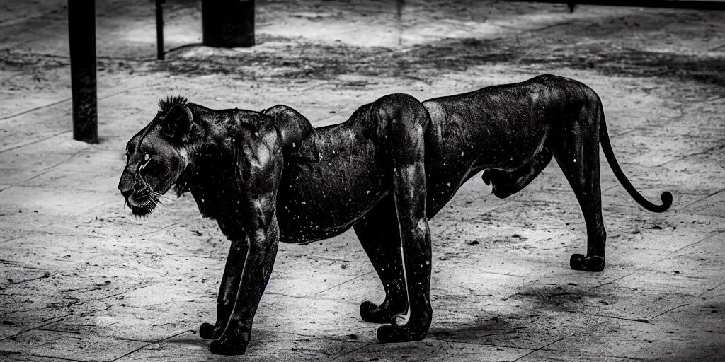 Image similar to the smooth black lioness, made of smooth black goo, in the zoo exhibit, viscous, sticky, full of black goo, covered with black goo, splattered black goo, dripping black goo, dripping goo, splattered goo, sticky black goo. photography, dslr, reflections, black goo, zoo, exhibit