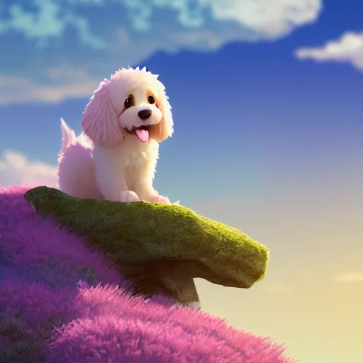 Prompt: ! dream! dream a wholesome animation key shot of a bernedoodle on a hill, fluffy pink anime clouds, studio ghibli, pixar animation, sharp, rendered in unreal engine 5, anime key art, bloom, dramatic lighting