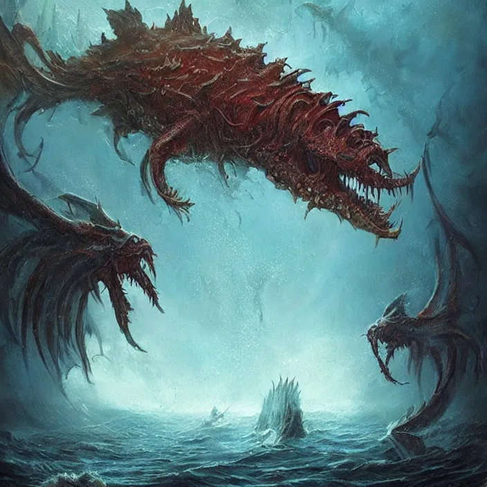 Image similar to sea monster large horror under the ocean d & d, d & d style, trending on artstation, intricate, highly detailed, vivid painting, colorful, art by greg rutkowski