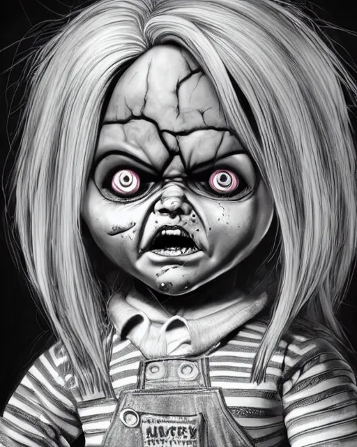 Prompt: chucky the killer doll, portrait, fantasy horror art, in the style of artgerm, illustration, epic, fantasy, intricate, hyper detailed, artstation, concept art, smooth, sharp focus, ray tracing, vibrant, photorealistic, simon bisley, fabry glenn