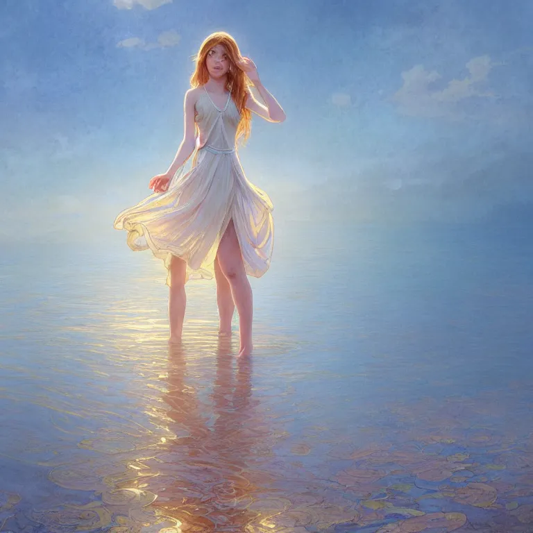 Prompt: highly detailed portrait of a barefoot white skirt girl stand on the water, water surface reflection, the calm sea level, gold filigree, romantic storybook fantasy, soft cinematic lighting, award, disney concept art watercolor illustration by mandy jurgens and alphonse mucha and alena aenami, pastel color palette, featured on artstation