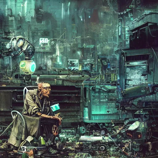 Image similar to An old punk sitting alone in a junkyard with his robot friend + black layered paper + end of the world theme + elements + dark blue and green tones + neon + baroque + rococco + white + ink + marc simonetti, craig mullins, peter mohrbacher, michael whelan, detailed, intricate ink illustration, cinematic, mucha