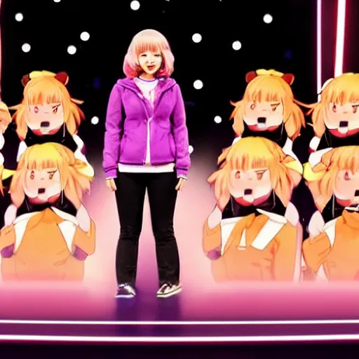 Image similar to chiaki nanami, a japanese girl with light beige hair in a bob that curls outward, a galaga hairpin, rosy cheeks, a dark turquoise hoodie, and a kind smiling face stars in her own broadway show, ultimate gamer, chiaki nanami from danganronpa, proshot getty images fullbody stage lights, gamer themed, professional photography