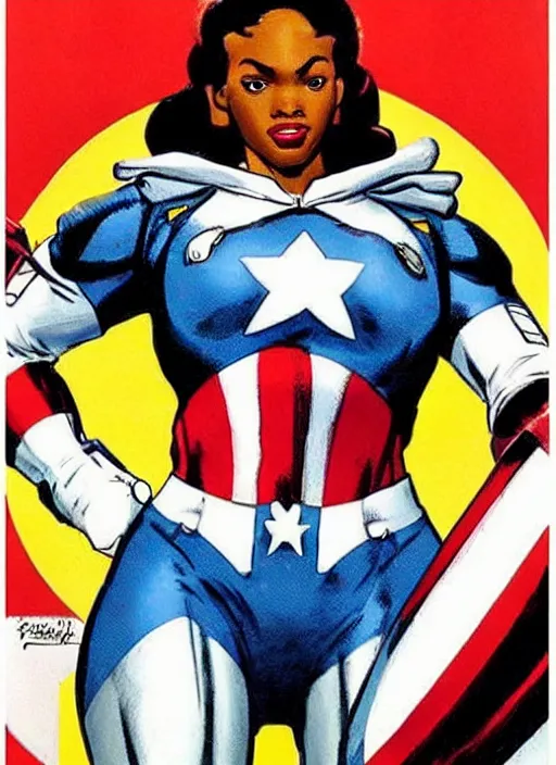 Image similar to beautiful black female captain america. afro - feminist captain america wins wwii. american wwii propaganda poster by james gurney, rob liefeld and pixar. gorgeous face. overwatch, realistic. black power