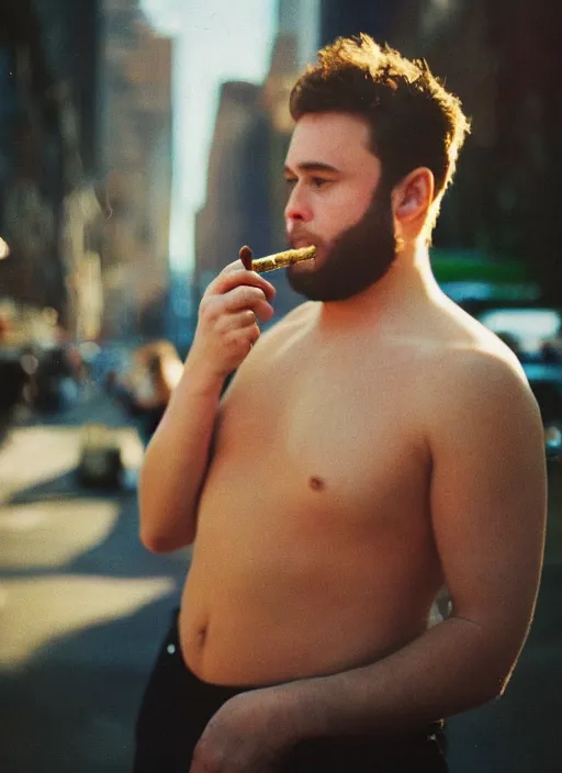 Prompt: photorealistic photograph of seth rogan smoking a joint, hybrid creature, 3 5 mm film, fuji, leica s, bigfoot, nyc, in the style of fashion photography, intricate, golden hour sunlight, kodachrome