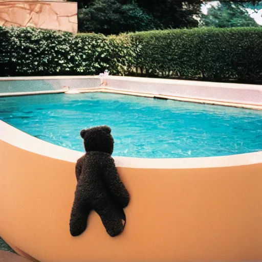 Prompt: photo teddy bear playing in swimming pool, cinestill, 800t, 35mm, full-HD