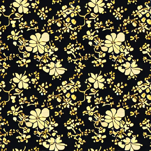 Prompt: repeating pattern of gold cherry blossoms on a black background,