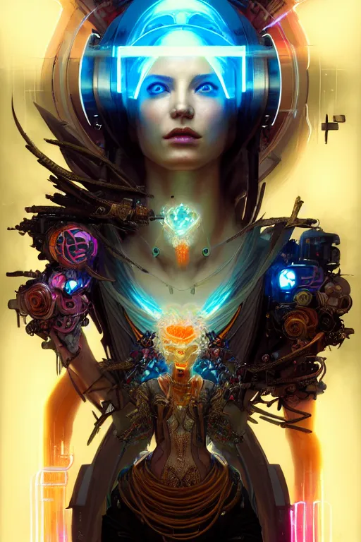 Prompt: aceportrait of a beautiful cyberpunk goddess of lightning, highly detialed, glowing magic around her, symmetrical, divine proportion, cinematic unreal engine, hypermaximalist, ornate, by peter mohrbacher, yoshitaka amano, sparth, craig mullins, detailed, light scheme intricate ink illustration