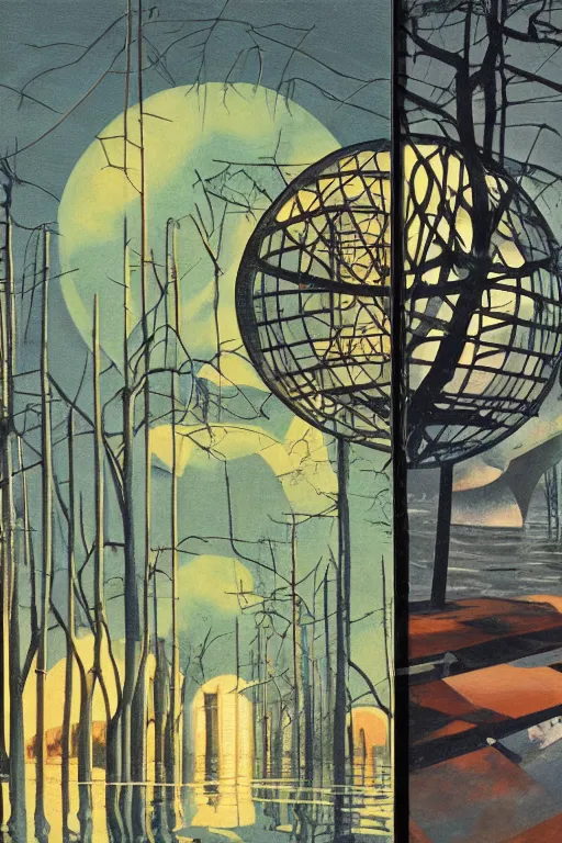 Image similar to spherical tree houses in flooded street ( ( ( ( painting by aaron douglas ) ) ) ) painting by h. r. giger painting by alvar aalto