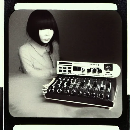 Image similar to 1 9 7 0 s polaroid of a female japanese musician playing a vintage modular synthesizer, hazy, faded