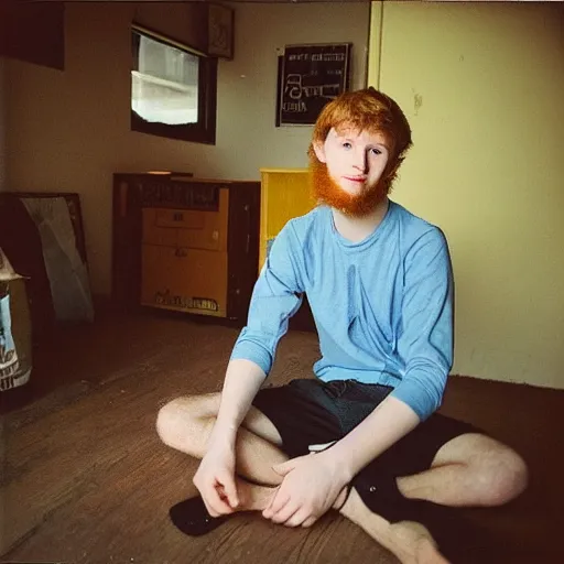 Prompt: “A 20 year old, ginger, tall, polish college student, with a scruffy beard, sitting in his back drinking beer, 8 mm lens photography,”