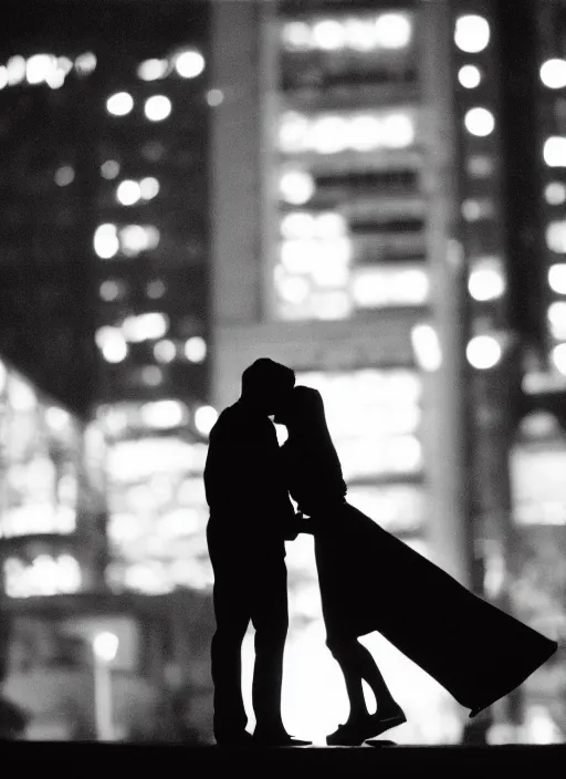 Image similar to a 2 8 mm macro photo of a couple kissing in the city in silhouette in the 1 9 7 0 s, bokeh, canon 5 0 mm, cinematic lighting, dramatic, film, photography, golden hour, depth of field, award - winning, 3 5 mm film grain, low angle