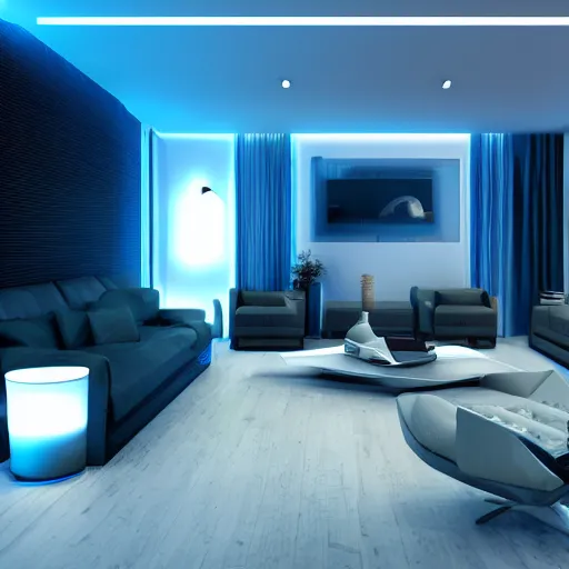 Image similar to futuristic looking living room, dark with blue neon lights, contrasted, octane render