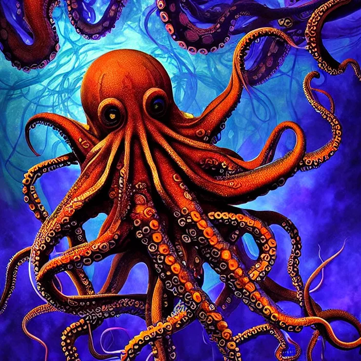 Image similar to depicting an octopus, a submarine with tentacles wrapped around it, in the style of h. p. lovecraft, exuberant organic elegant forms, by karol bak and filip hodas : : 1. 4 purple, red, blue, green, black intricate mandala explosions : : intuit art : : turbulent water backdrop : : damask wallpaper : : atmospheric