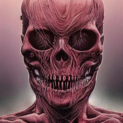 Image similar to skin flesh wires skulls, cyberpunk dystopia, in the style of hr giger, richard corben, zdzisław beksinski, moebius, hieronymus bosch and francis bacon