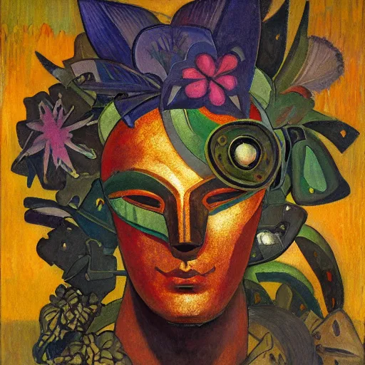 Image similar to head of a beautiful boy wearing a mask made of metal flowers, by diego rivera and john watkiss and annie swynnerton, art deco shaman, stylized flowers, art brut, symbolist, dramatic cinematic lighting, god rays, iridescent beetles, clean crisp graphics, smooth sharp focus, extremely detailed