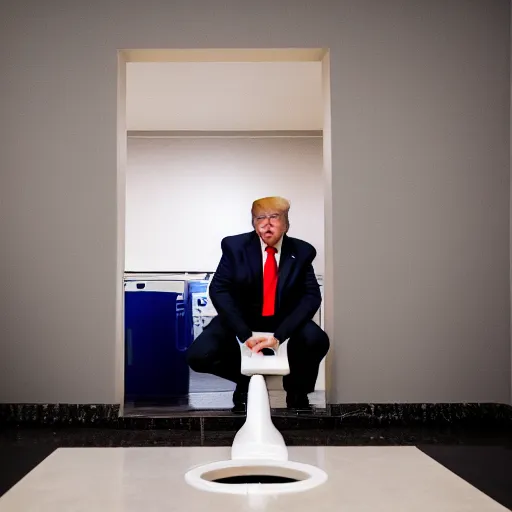 Prompt: Donald Trump flushing a voting machine down the toilet, Canon EOS R3, f/1.4, ISO 200, 1/160s, 8K, RAW, unedited, symmetrical balance, in-frame