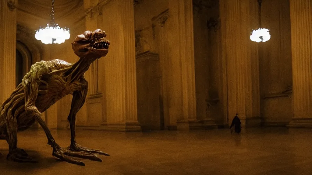 Image similar to the strange creature in city hall, made of wax and water, film still from the movie directed by Denis Villeneuve with art direction by Salvador Dalí, wide lens