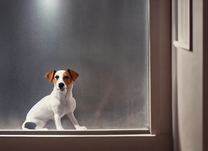 Image similar to photography of a Jack Russel . watching outside the window. on a bed. in a vintage room full of vinyls and posters.,volumetric light, photorealistic,, award winning photo, 100mm, sharp, high res