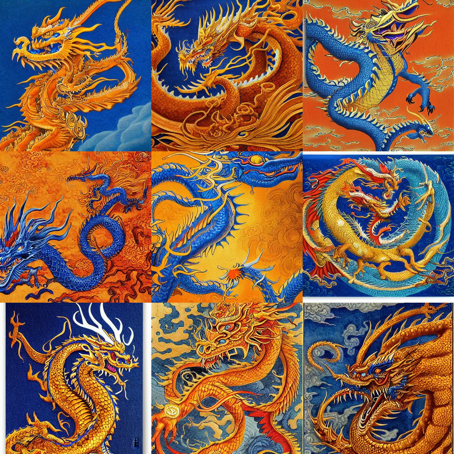 Prompt: super detailed mythical creatures chinese dragon, gold,burnt sienna,sennelier orange,ultramarine deep blue and white color scheme,Johfra Bosschart