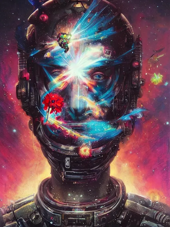 Prompt: art portrait of space marine with flower exploding out of head,by tristan eaton,Stanley Artgermm,Tom Bagshaw,Greg Rutkowski,Carne Griffiths,trending on DeviantArt,face enhance,chillwave,minimalist,cybernetic, android, blade runner,full of colour,