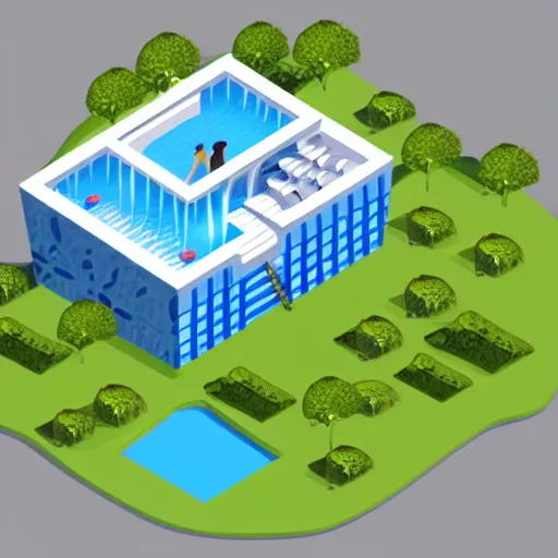 Prompt: isometric waterfall architecture