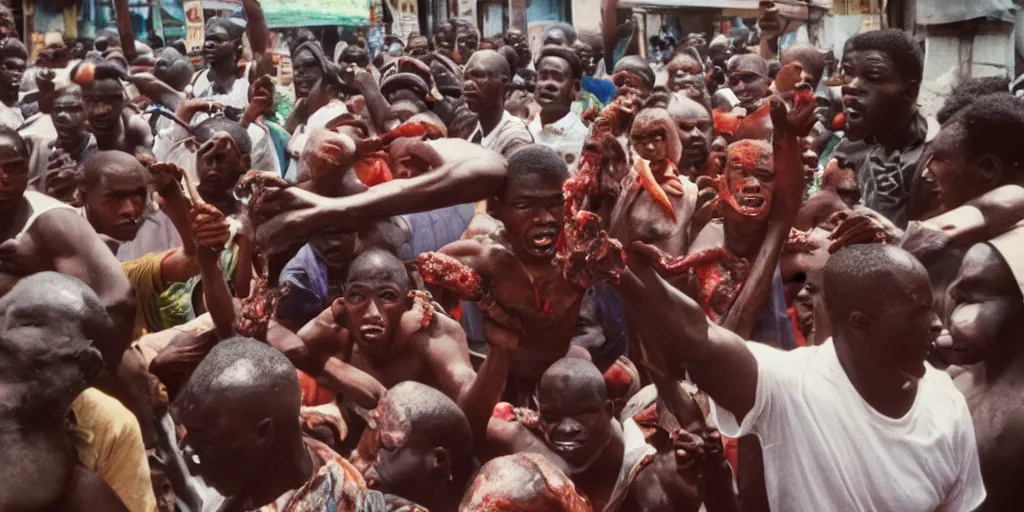 Prompt: crowd in african town performing mob justice on a photorealistic squidward, mangled blood and bone, cinestill 8 0 0 t