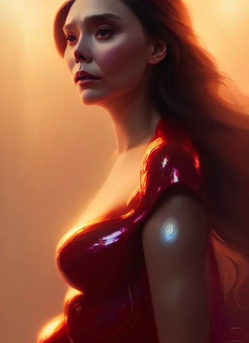 Image similar to portrait of modern darna, elizabeth olsen, intricate, elegant, glowing lights, highly detailed, digital painting, artstation, glamor pose, concept art, smooth, sharp focus, illustration, art by wlop, mars ravelo and greg rutkowski