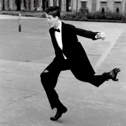 Image similar to a handsome young man auditing for the ministry of silly walks.