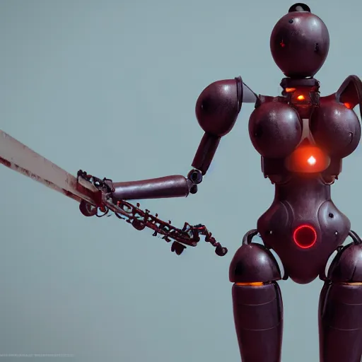 Image similar to nymph render of a very cute 3d robot machine from nier automata, red eyes, made of iron, full round face, short smile, golden hour, desert setting, medium shot, mid-shot, highly detailed, trending on Artstation, Unreal Engine 4k