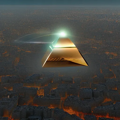 Image similar to pyramid shaped alien spaceship with flying rocket base over Paris France, photorealistic, 8k, detailed